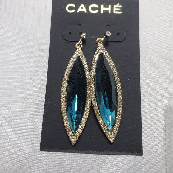 Cache blue long drop crystal with rhinestone fish hook earring - Picture 2 of 5